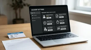 Neutral account settings scene with an identity card outline, address document and time-limit controls on a laptop