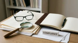 Desk with legal papers, a magnifying glass and a neutral compliance checklist