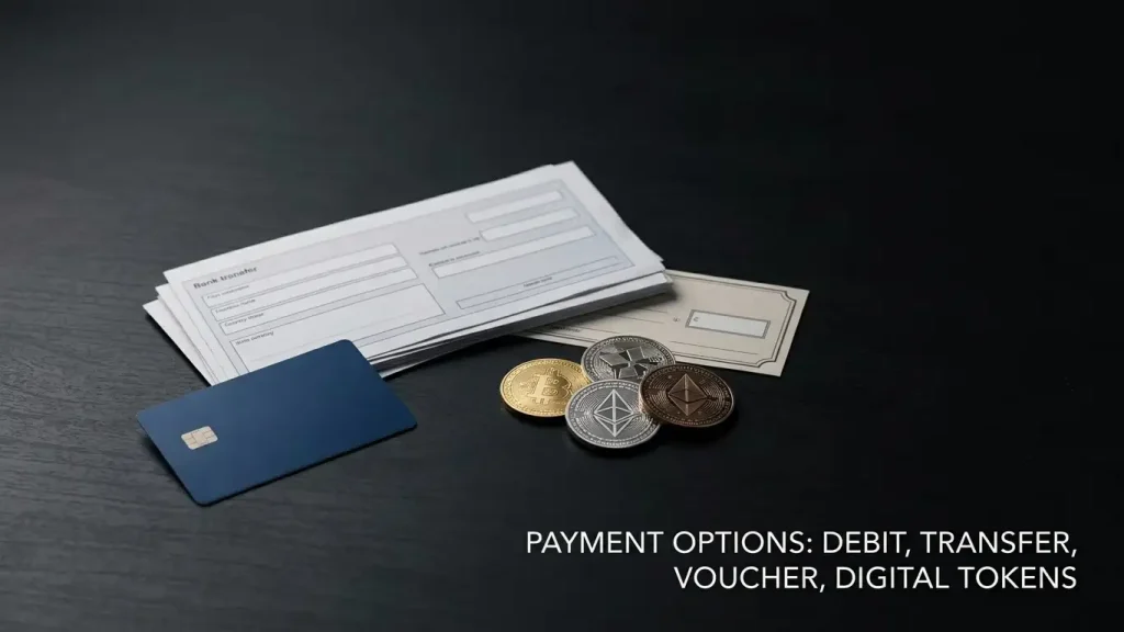 Neutral desk with payment cards, a bank-transfer document and abstract cryptocurrency tokens