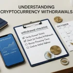 Neutral desk scene with a cryptocurrency wallet, withdrawal checklist and calendar