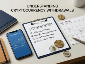 Neutral desk scene with a cryptocurrency wallet, withdrawal checklist and calendar